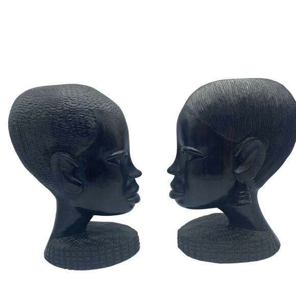 Vintage African Hand Carved‎ Ebony Wood Sculpture  Heads set of two - Picture 2 of 8